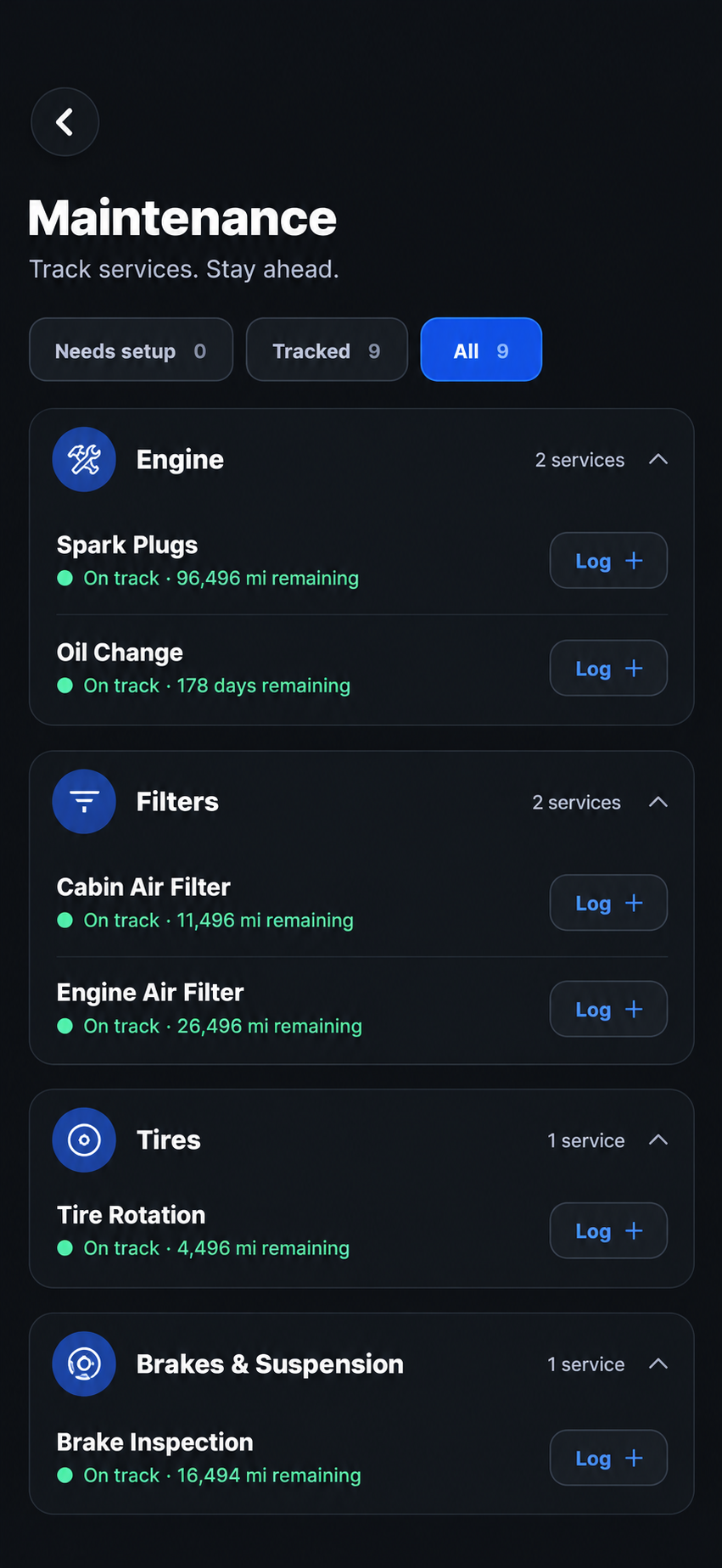 Spur mobile maintenance list showing tracked services and remaining mileage or time for engine, filters, tires, and brakes.
