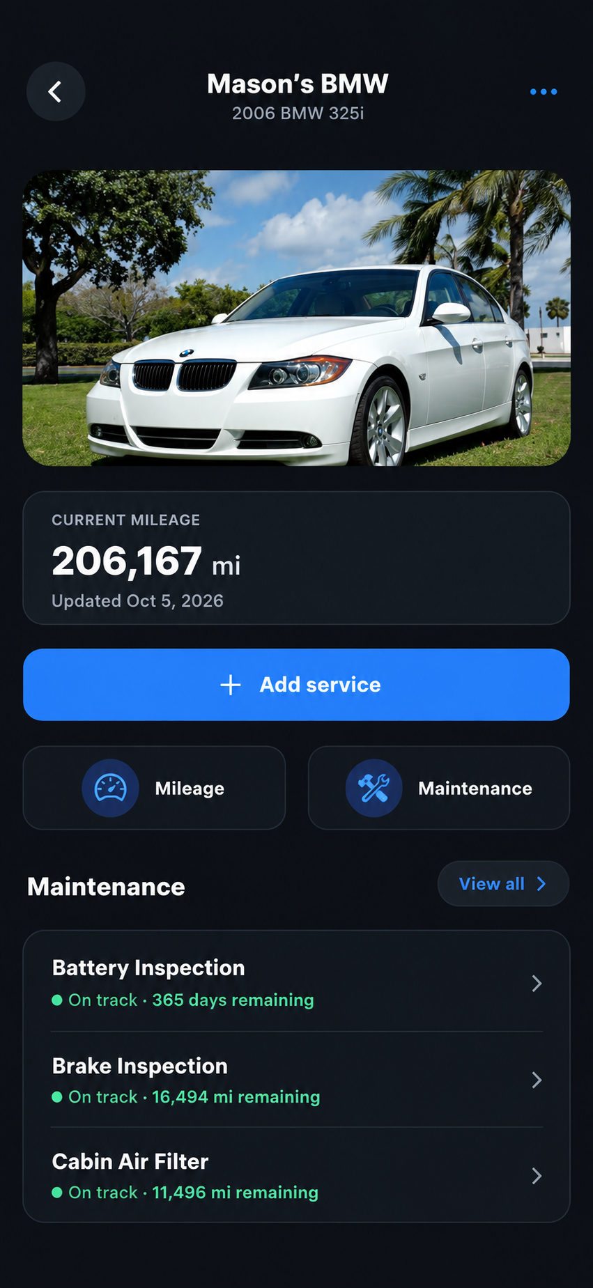 Spur mobile overview of Mason’s BMW showing vehicle details, mileage, and upcoming maintenance.