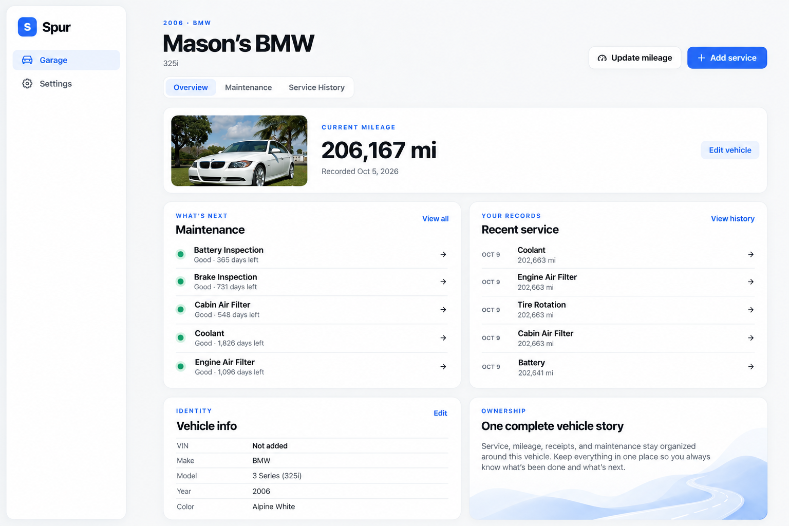 Spur web Garage showing Mason’s BMW overview, upcoming maintenance, recent service, and vehicle information on desktop.