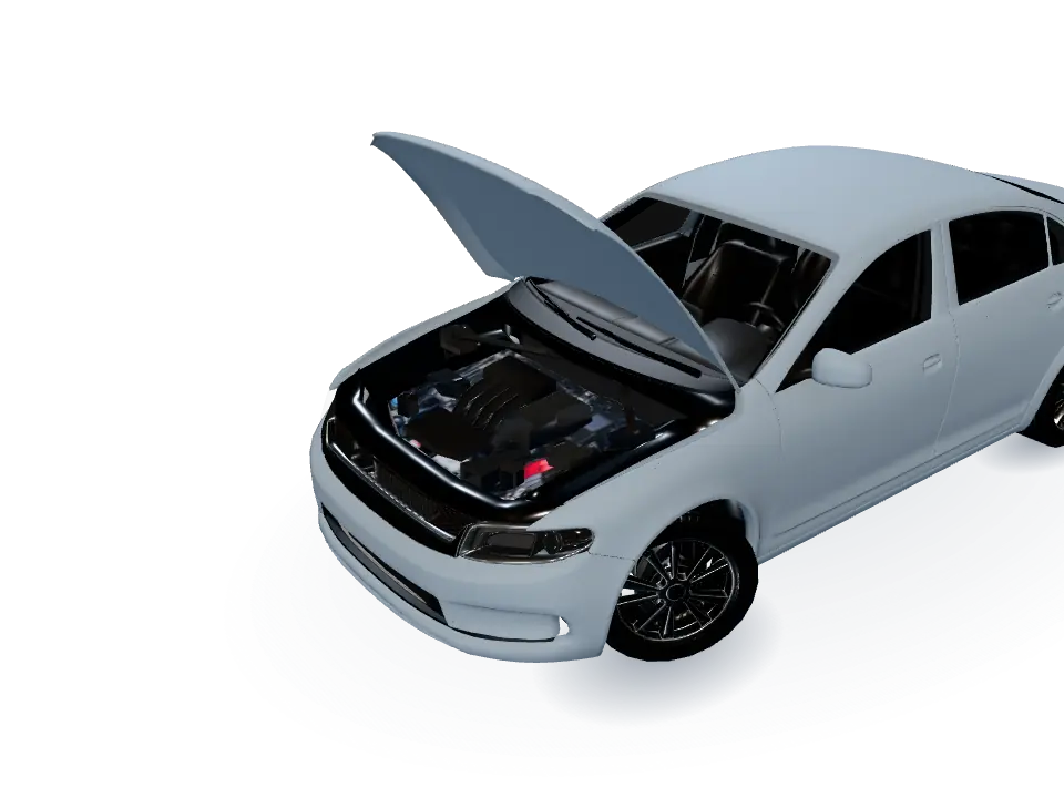 The sample car’s open engine compartment from the front.