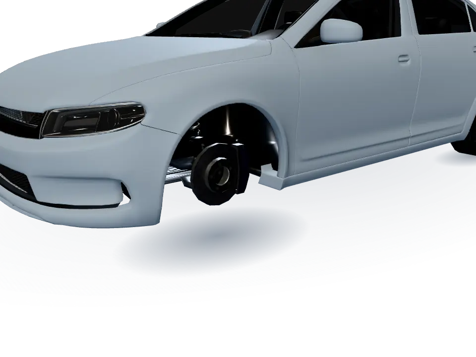 A close view of the sample car’s front-left brake, with the wheel moved aside.