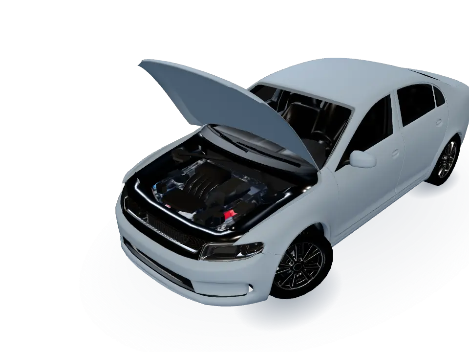 The front of the sample car with its hood open toward the radiator.