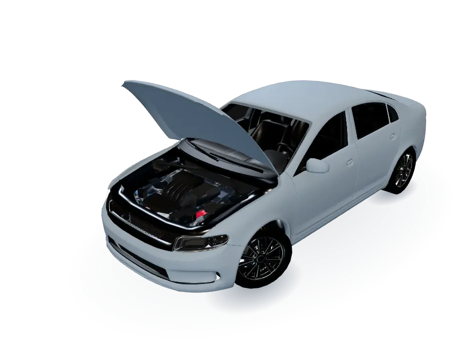 The sample car from the front left with its hood open over the engine.